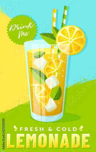 Poster with lemonade and colorful background. Vector.