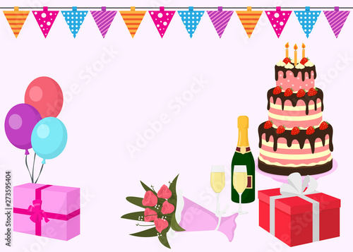 Happy birthday vector greeting card background with colorful balloons, gift b...