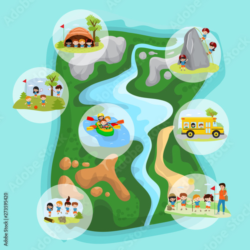 Children summer camp concept with camping, kids in tent, climbing on mountains, floating in boats, jumping, play in football and tennis, hiking on island . Poster in flat style, vector illustration.