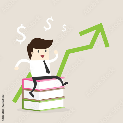 Business man sit on money stack with graph investment, financial savings long-term deposit investment .
