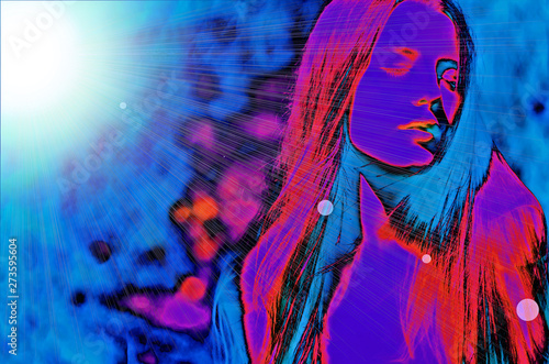 girl with long hair on a background of bright sun
