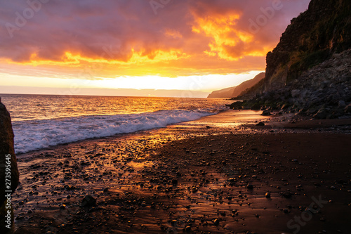 Sunset beach, Madeira island beautiful ocean landscape, Portugal