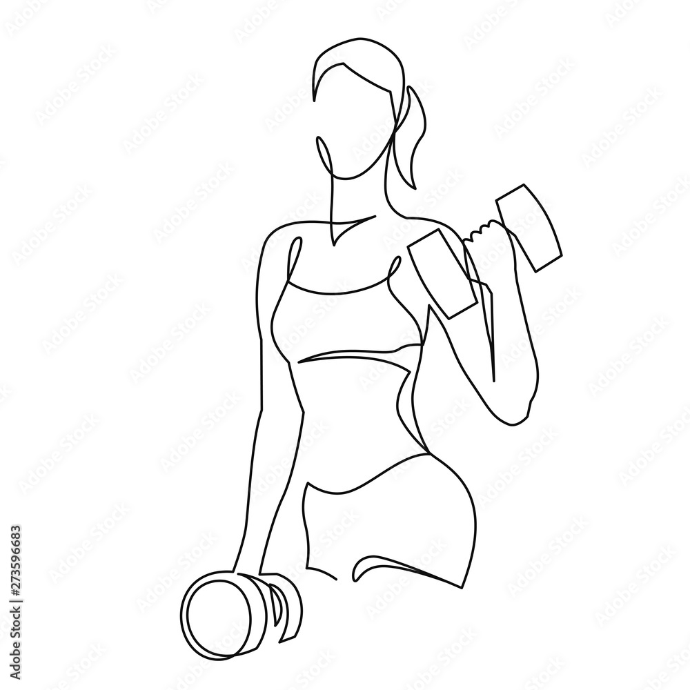 Woman lifting weights continuous one line drawing. Female bodybuilder vector hand drawn Stock