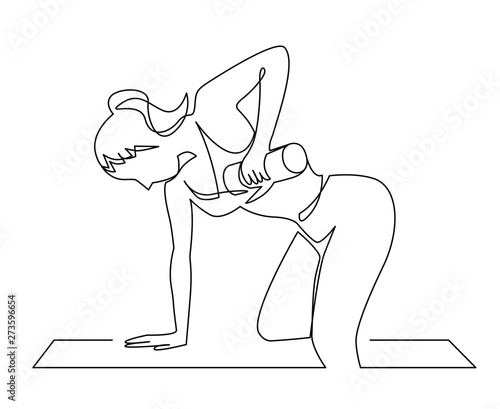 Woman lifting weights continuous one line drawing. Female bodybuilder vector hand drawn