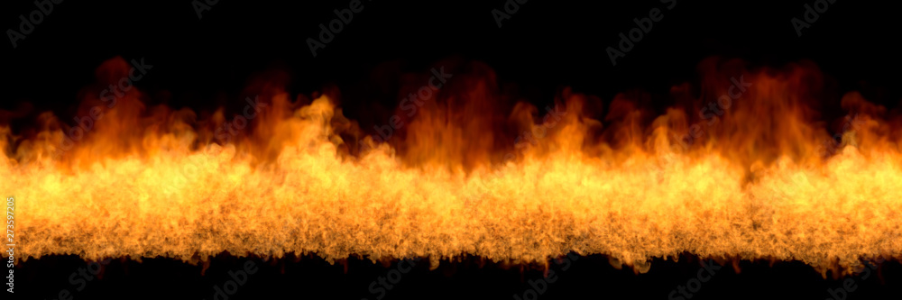 Line of fire at bottom - fire 3D illustration of mysterious flaming explosion, sylized frame isolated on black background