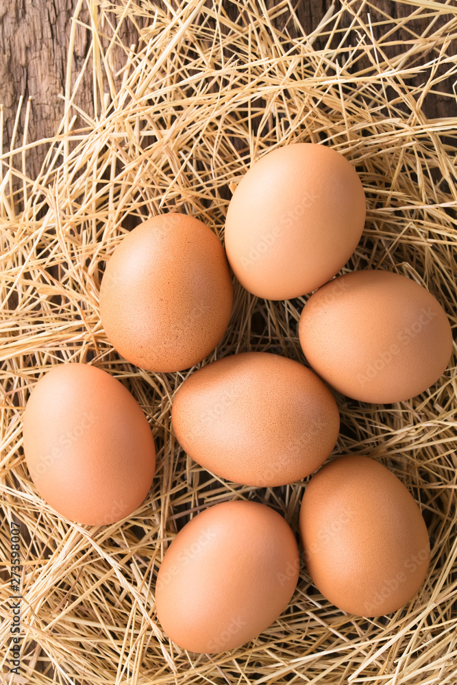 Fresh raw brown eggs on hay, photographed overhead (Selective Focus, Focus on the top of the eggs)