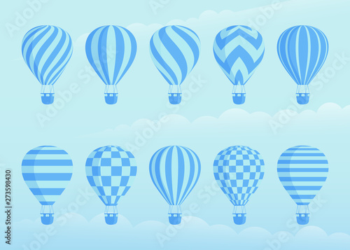 Collection of duotone vector hot air balloons. Zig zags, wavy lines, striped or checkered patterns on vintage style hot air balloon with basket at cloud background for sky holiday adventure design