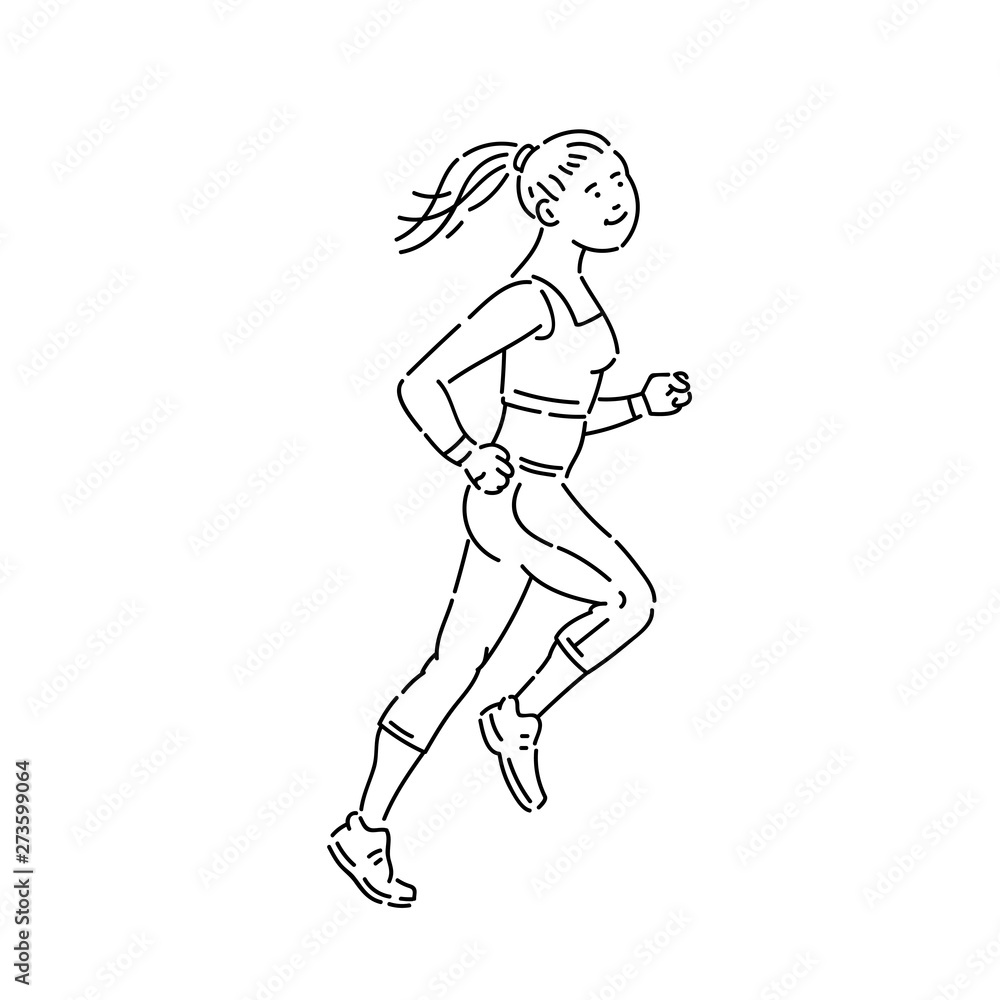 Young girl fitness athlete runs vector line art black white flat illustration.