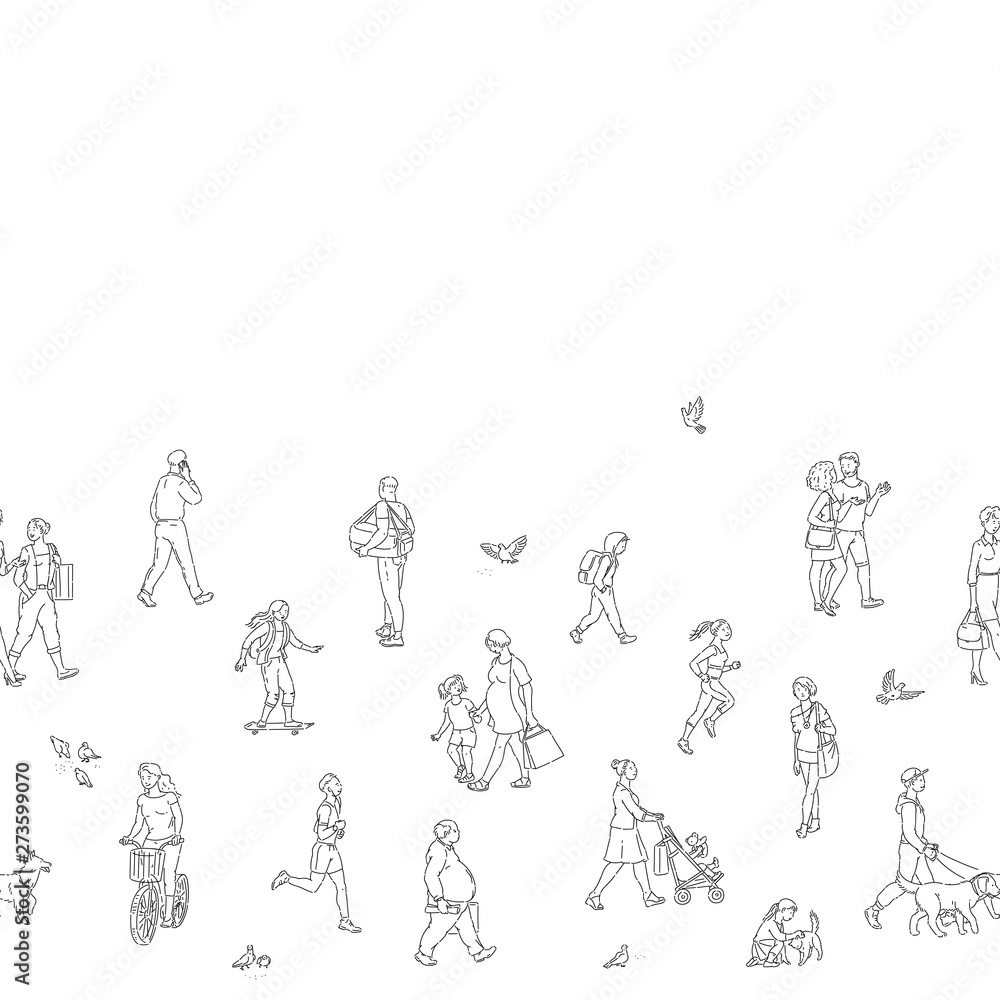 Vector urban people crowd seamless pattern. Children and pigeons and other characters line art style black white illustration background. Vector urban people crowd seamless pattern. Children and pigeons and other characters line art style black white illustration background.