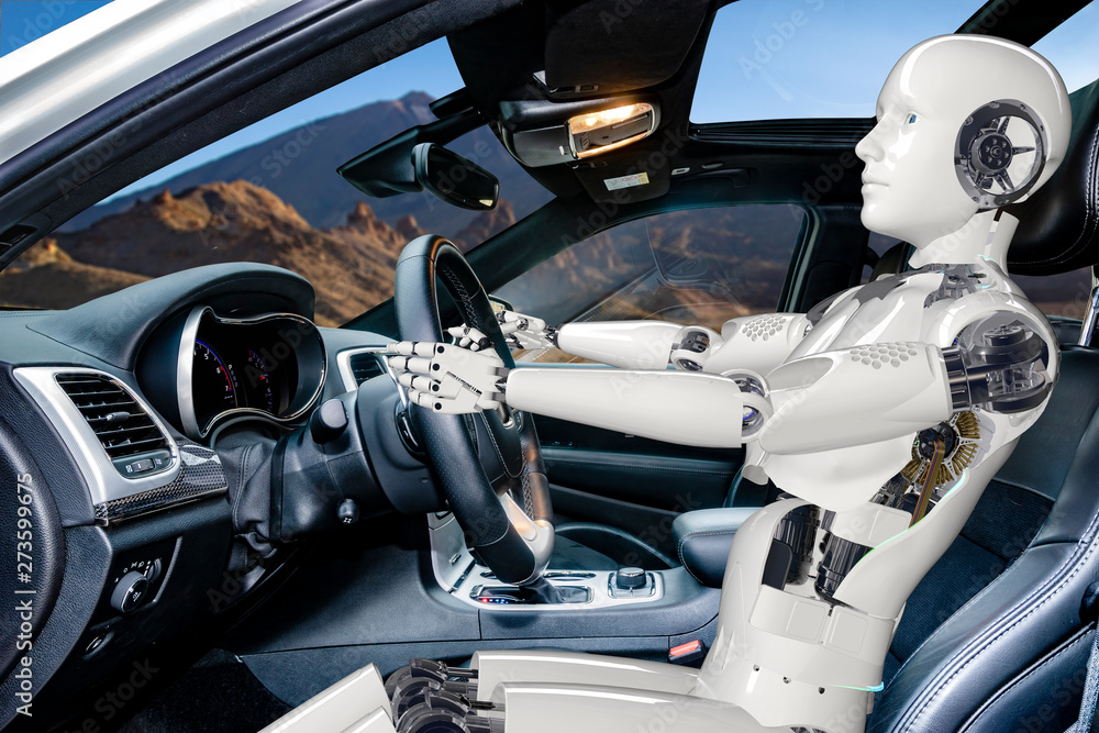 Humanoid robot driving car, vision of artificial intelligence in automotive-vision of an autonomous car