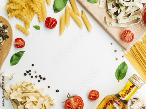 Flat lay composition of pasta with copyspace