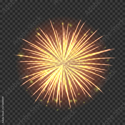 Festive fireworks with bright golden sparks. Realistic single firework flash isolated on transparent background. Colorful vector element for posters decoration. Fantastic light performance in sky.