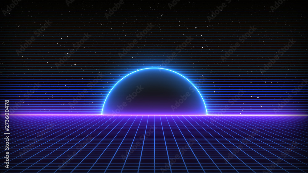 Retro Sci-Fi Background Futuristic landscape of the 80`s. Digital Cyber Surface. Suitable for design in the style of the 1980`s
