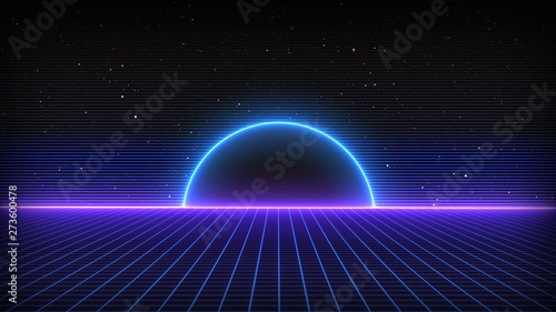 Obraz na płótnie Retro Sci-Fi Background Futuristic landscape of the 80`s. Digital Cyber Surface. Suitable for design in the style of the 1980`s w salonie