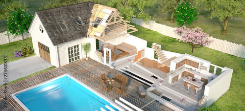 Tableau sur toile Home with pool, cross  section