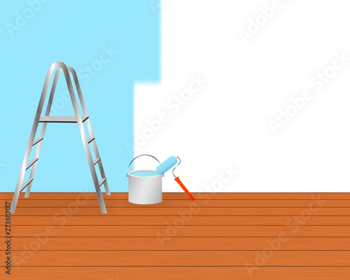 Home renovation concept with brown parquet floor. Metal ladder in front of semi-painted wall. Light blue paint roller leaning against bucket.