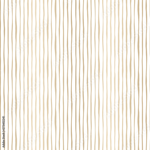 Gold Thin Hand Drawn Wavy Uneven Vertical Stripes On White Backrgound Vector Seamless Pattern. Classic Abstract Geo