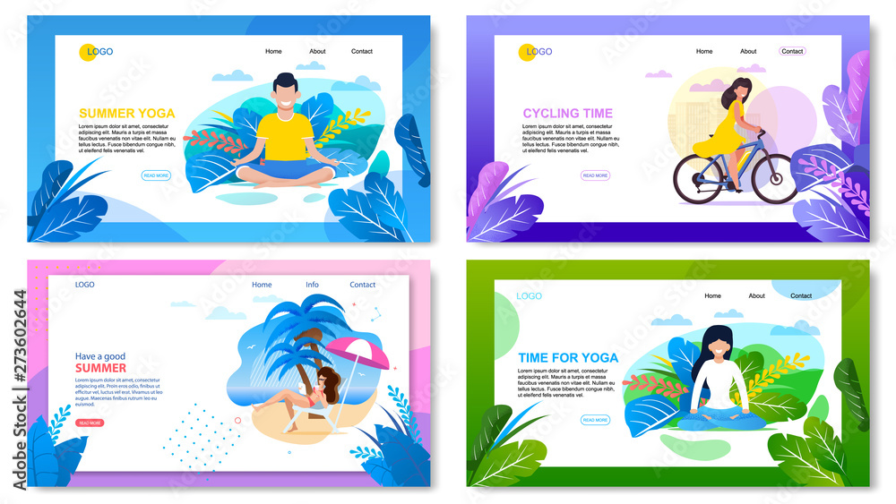 Active Summer Vacation Cartoon Landing Page Set Active Summer Vacation Cartoon Landing Page Set