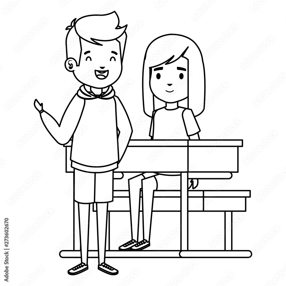 cute little students couple in school desk cute little students couple in school desk