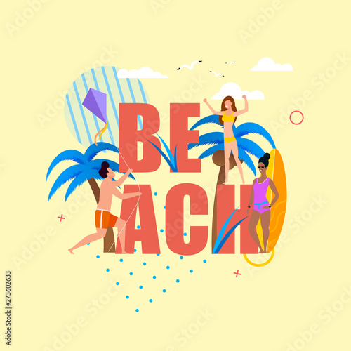 Flat Cartoon People Resting over Beach Lettering