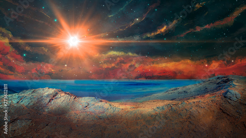 Fototapeta Naklejka Na Ścianę i Meble -  Sci-fi landscape with nebula, stars, landscape and sun. Elements furnished by NASA. 3D rendering