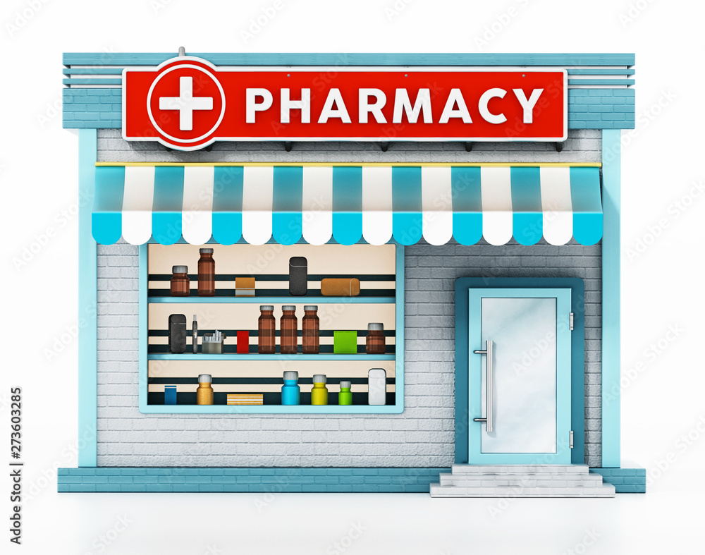 Pharmacy building isolated on white background. 3D illustration Pharmacy building isolated on white background. 3D illustration