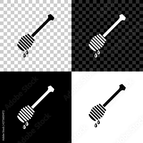 Honey dipper stick with dripping honey icon isolated on black, white and transparent background. Honey ladle. Vector Illustration