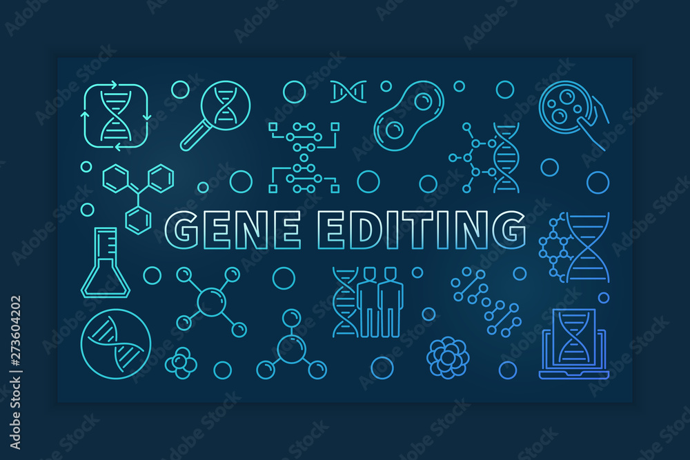 Gene Editing vector blue outline horizontal banner on dark background