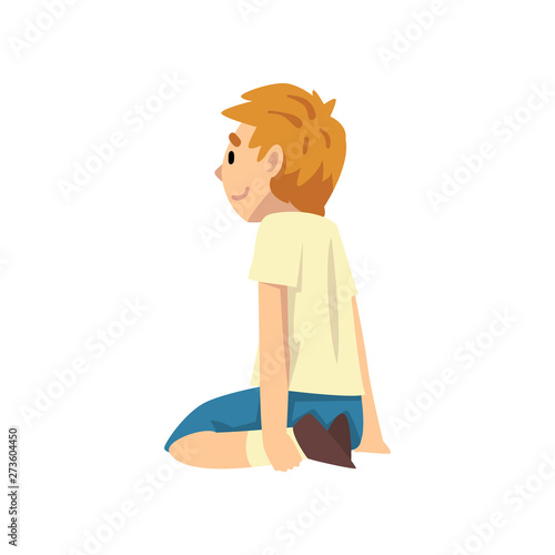 Cute Boy Sitting on Floor on Her Knees, Little Preschool Kid Character Vector Illustration