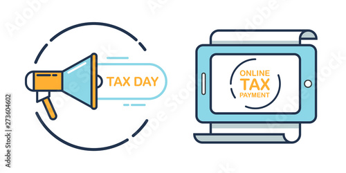 Tax Day reminder symbol with megaphone and Online Tax Payment service. Flat design vector illustration for finance accounting, planning and taxation. 