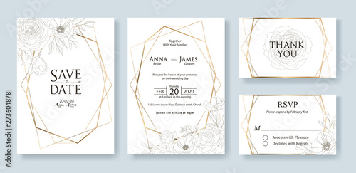 Wedding Invitation, save the date, thank you, rsvp card Design template. Vector. Flower, rose, greenery.