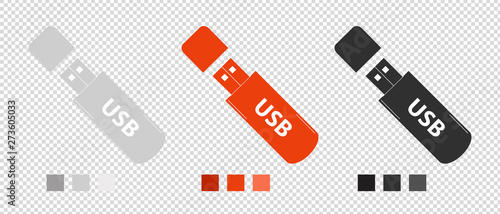Pendrive USB Stick Icon Set - Gray, Orange, Black Vector Illustrations On Transparent Background