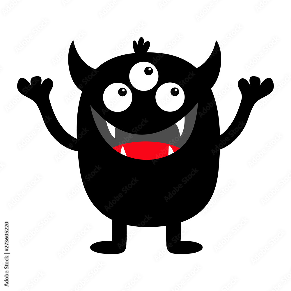 Monster black silhouette. Cute cartoon kawaii scary funny character. Baby  collection. Three eyes, fang tooth tongue, hands up. White background.  Isolated. Happy Halloween. Flat design. Stock Vector | Adobe Stock
