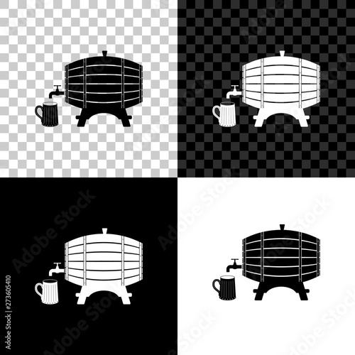 Wooden barrel on rack with stopcock and wooden beer mug icon isolated on black, white and transparent background. Vector Illustration