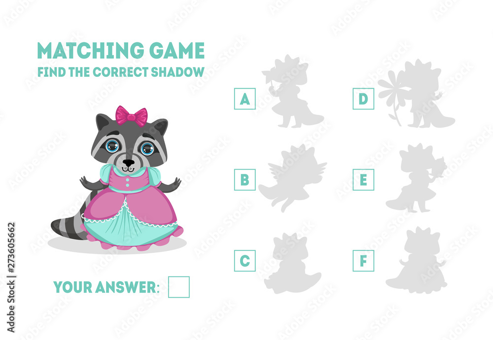 Educational Matching Game for Preschool Kids, Find the Correct Shadow with Cute Raccoon Girl Animal Character Vector Illustration Educational Matching Game for Preschool Kids, Find the Correct Shadow with Cute Raccoon Girl Animal Character Vector Illustration