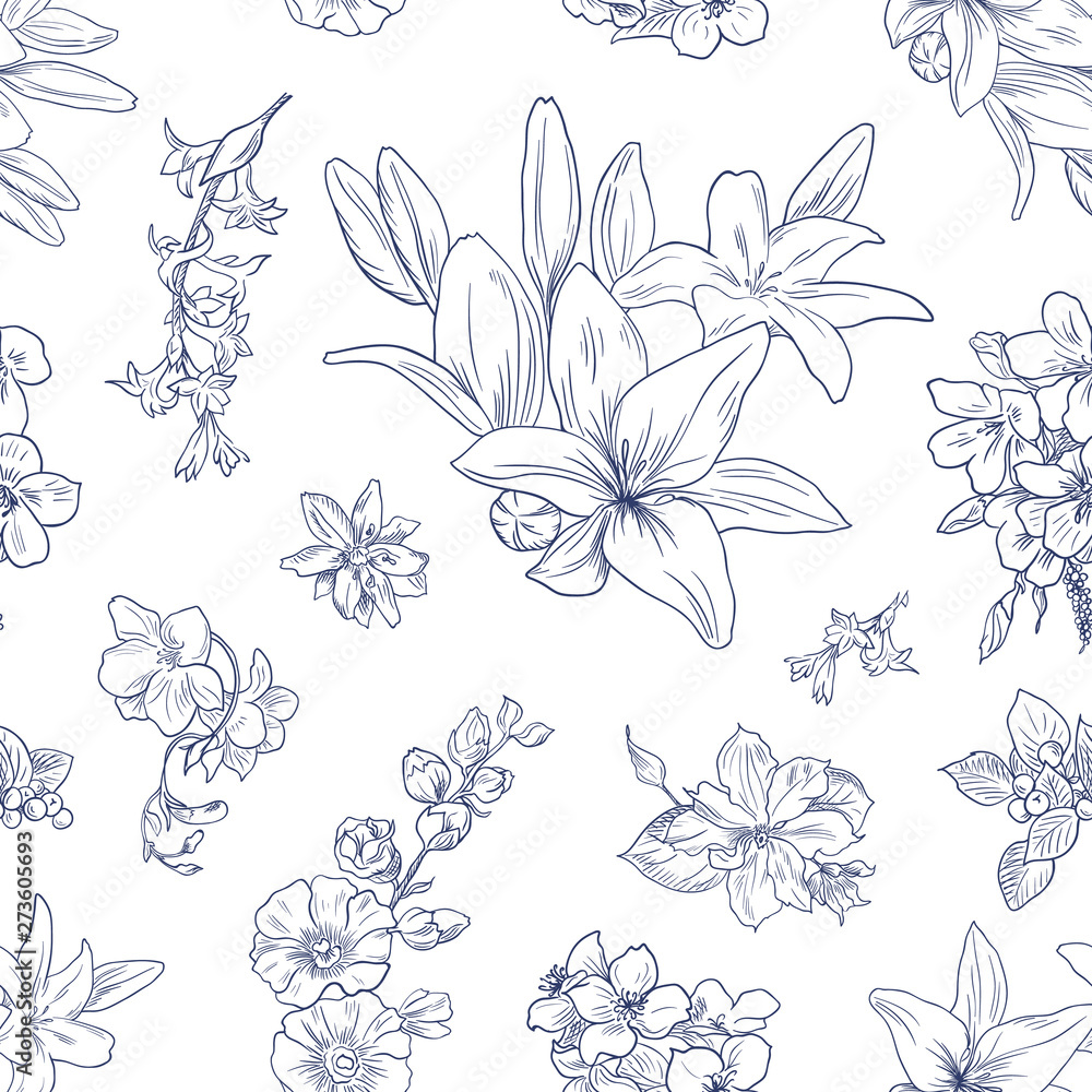 Plakat Lily pattern, floral ornament, toile de jouy. Seamless background. Hand drawn illustration in vintage style