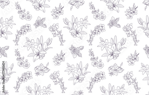 Lily pattern  floral ornament  toile de jouy. Seamless background. Hand drawn illustration in vintage style