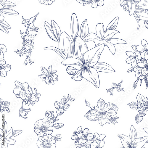 Fototapeta Naklejka Na Ścianę i Meble -  Lily pattern, floral ornament, toile de jouy. Seamless background. Hand drawn illustration in vintage style