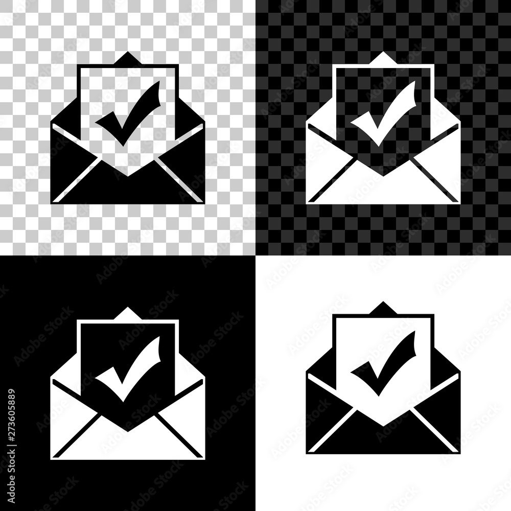 Envelope with document and check mark icon on black, white and ...
