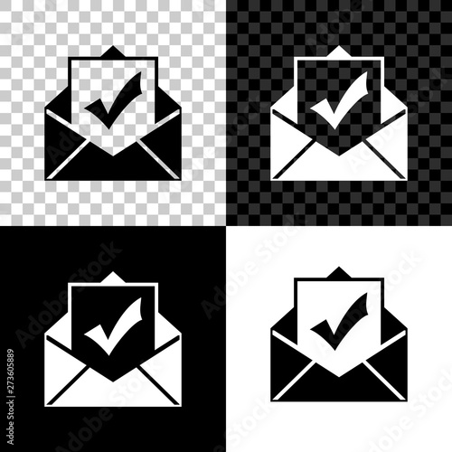 Envelope with document and check mark icon on black, white and transparent background. Successful e-mail delivery, email delivery confirmation, successful verification concepts. Vector Illustration