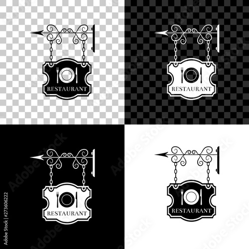 Vintage signboard outdoor advertising with text Restaurant and cutlery, dish, fork, knife icon isolated on black, white and transparent background. Restaurant sign. Vector Illustration