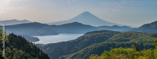 Panoramic aerial view of Fuji mountain and lake Ashinoko.