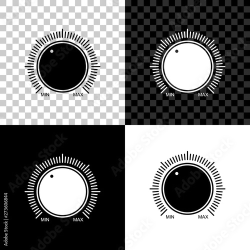 Dial knob level technology settings icon isolated on black, white and transparent background. Volume button, sound control, music knob with number scale, analog regulator. Vector Illustration