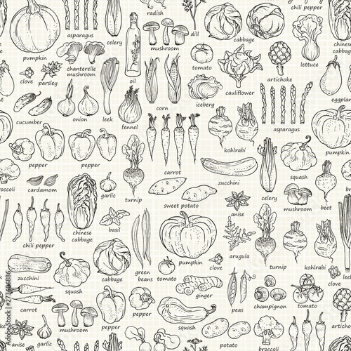 Seamless background of vegetables and spices, hand-drawn illustration in vintage style.