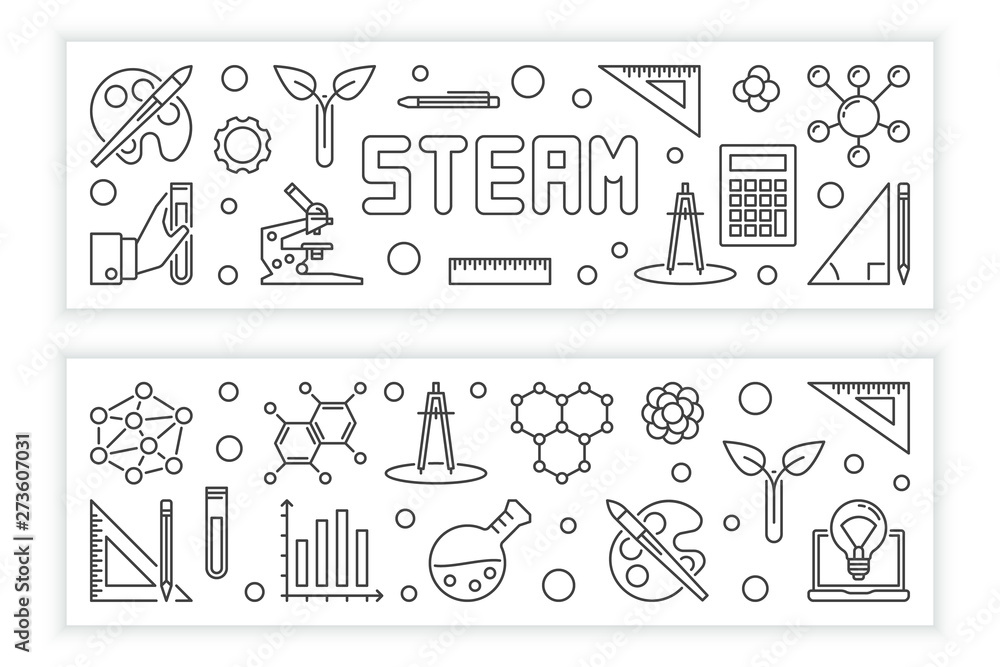 STEAM vector concept modern horizontal banners in thin line style on white background STEAM vector concept modern horizontal banners in thin line style on white background
