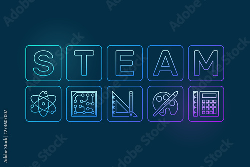 STEAM - science, technology, engineering, art and mathematics vector colorful illustration on dark background