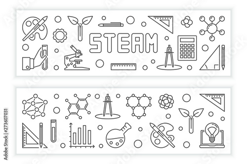 STEAM vector concept modern horizontal banners in thin line style on white background