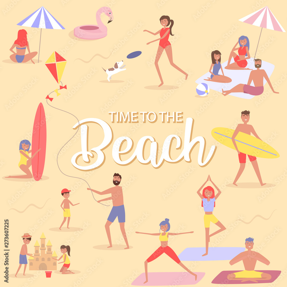 Summer beach concept. Different scenes of people on the beach. People relax on the beach, sunbathe, play sports and yoga, swiming in the sea, ride the surf. Editable vector illustration.