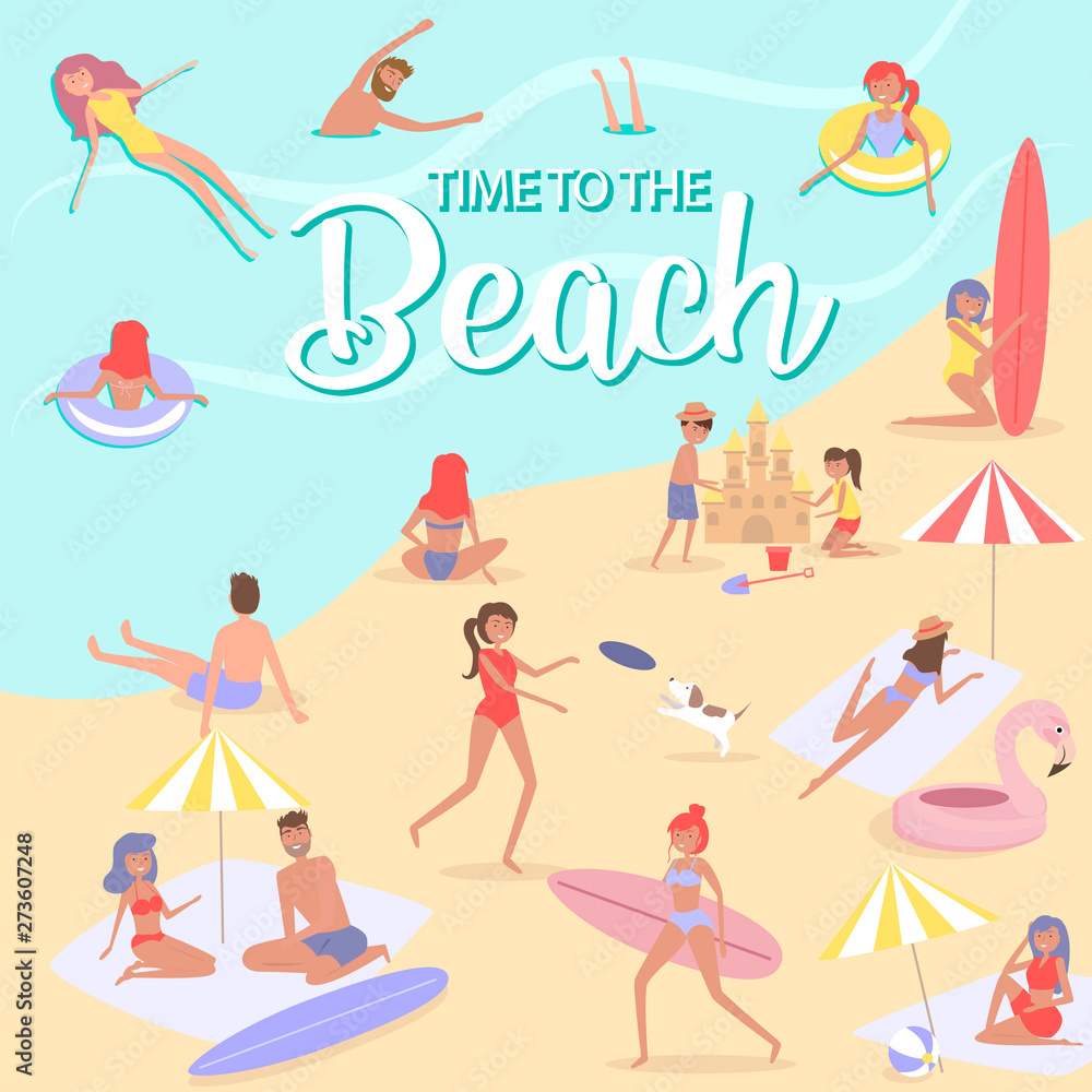 Summer beach concept. Different scenes of people on the beach. People relax on the beach, sunbathe, play sports and yoga, swiming in the sea, ride the surf. Editable vector illustration. Summer beach concept. Different scenes of people on the beach. People relax on the beach, sunbathe, play sports and yoga, swiming in the sea, ride the surf. Editable vector illustration.