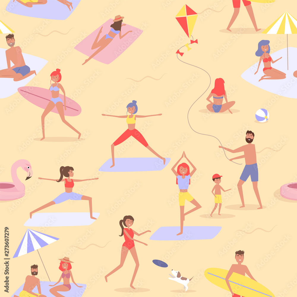 Summer beach concept seamless pattern. Different scenes of people on the beach. People relax on the beach, sunbathe, play sports and yoga. Editable vector illustration.